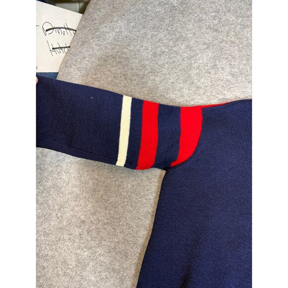 VINTAGE 70s Sweater Mens Medium Blue Striped Pullover Cozy Knit Retro Sportswear - Picture 4 of 5